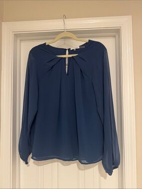 Calvin Klein Navy Blue Keyhole Pleated Blouse